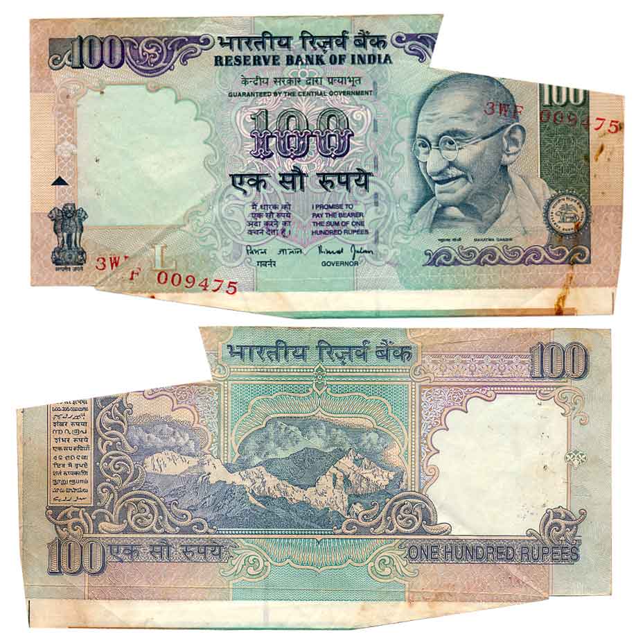 Rupees 100, “G-38”, Error- Mismatch Printing & Paper cut, Signed by Bimal Jalan, Pewfix 3/