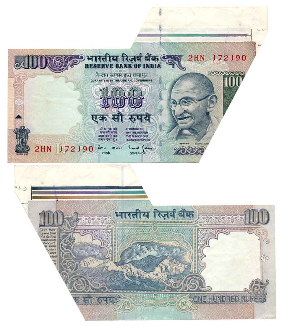 Rupees 100, “G-38”, Error- Paper cut, Signed by Bimal Jalan, Prefix 2/HN, Inset L. About u