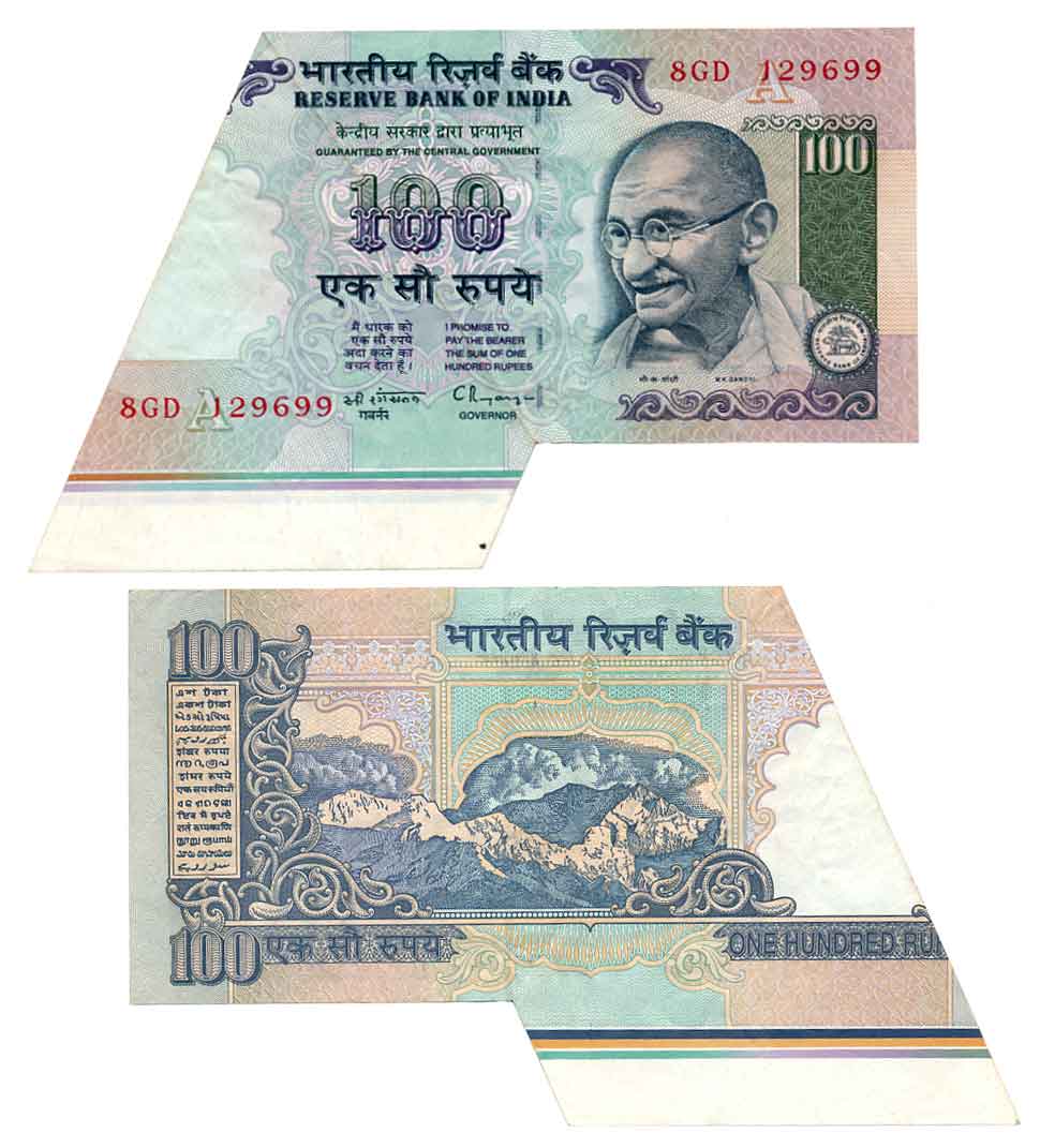 Rupees 100, “G-31”, Error- Paper cut, Signed by C Rangarajan, Prefix 8/GD, Inset A. About 