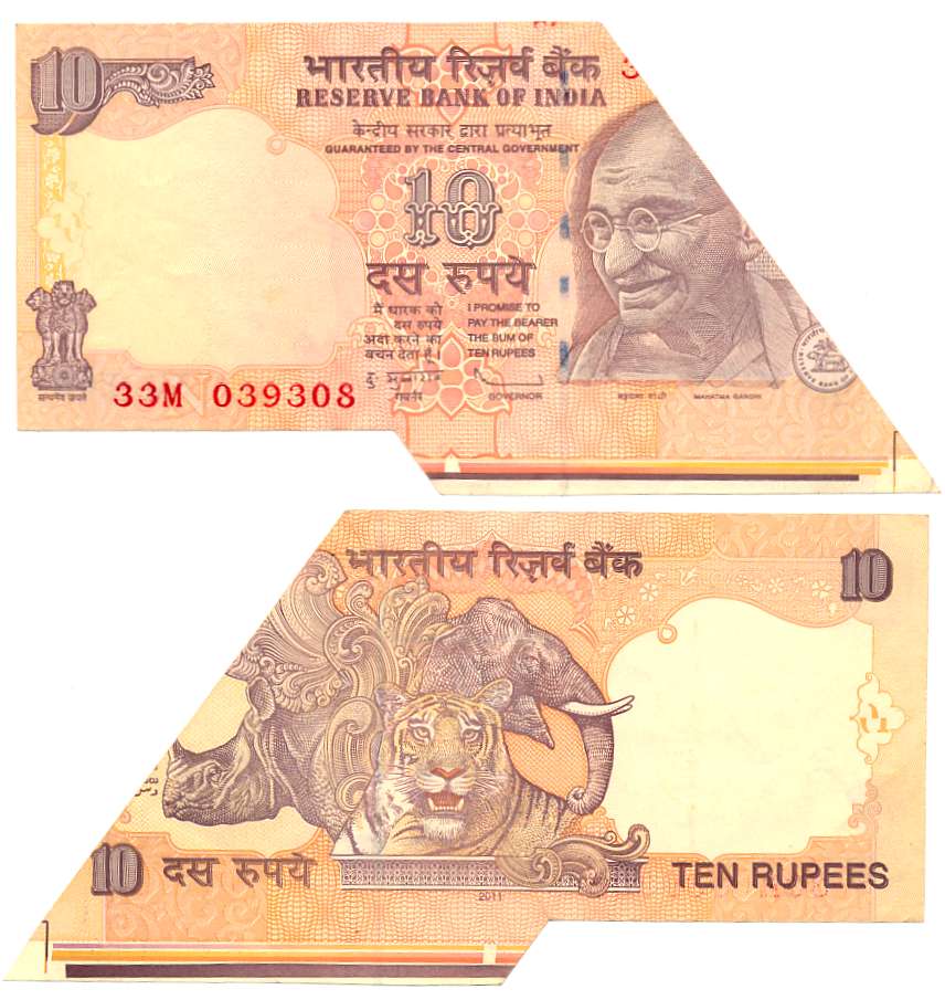 Rupees 10, “D-88”, Error- Side Cut, 2011, Signed by D. Subbarao, Prefix 33/M, Inset N. Abo