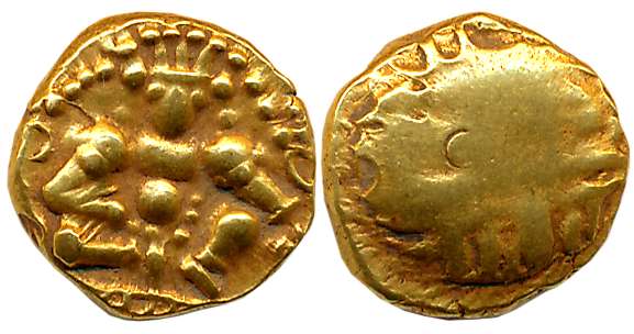 Vijaynagar Empire, Krishnadevaraya, Gold Varaha- Hon, 3.35g, Obv: Seated Lord Balakrishna 