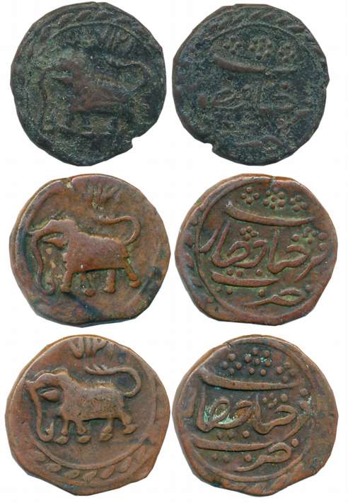 Tipu Sultan, Copper (3), 1/2 Paisa, 5.12g, 5.49g, 5.50g, Farrukhyab Hisar Mint, AM 1217, E