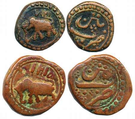 Tipu Sultan, Copper (2), Patan Mint, 1/2 Paisa, 5.41g, AM 1215 (KM# 122.1) & 1/4 Paisa, 2.