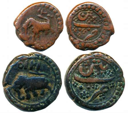 Tipu Sultan, Copper (2), Patan Mint, 1/2 Paisa, 5.54g, AM 1215 (KM# 122.1) & 1/4 Paisa, 2.