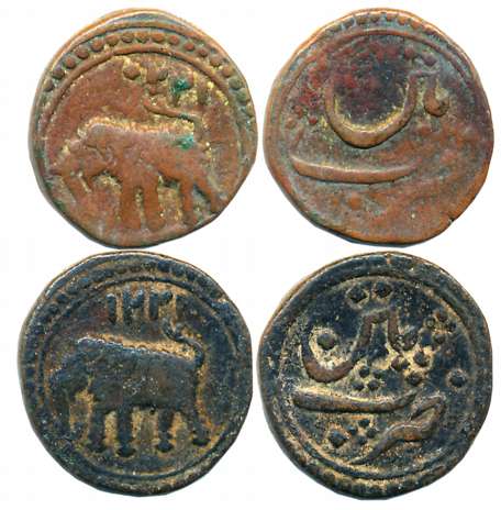 Tipu Sultan, Copper, 1/2 Paisa (2), 5.68g, 5.65g, Patan Mint, AM 1220, AM 1221 (retro), El