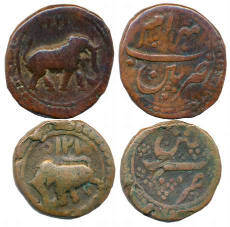 Tipu Sultan, Copper 1/2 Paisa (2), 5.17g, 5.34g, Patan Mint, AM 1215, Elephant Facing to l