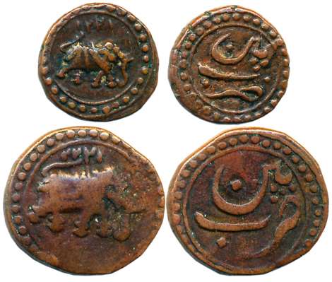 Tipu Sultan, Copper (2), Patan Mint, 1/2 Paisa, 5.41g, AM 1222 (KM# 122.2) & 1/4 Paisa, 2.