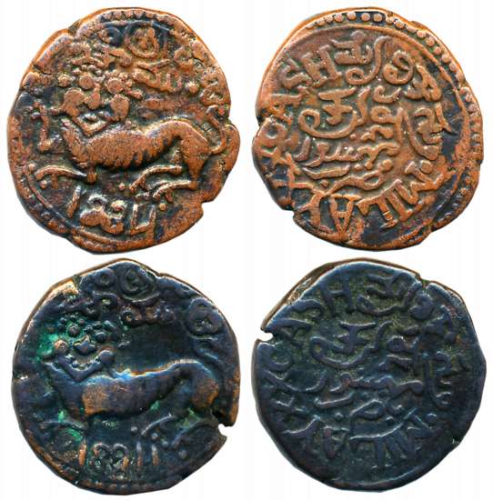 Krishna Raja Wodeyar, Copper 20 Cash (2), 8.84g, 8.74g, Obv: Shardul Myatical Tiger, Kanna