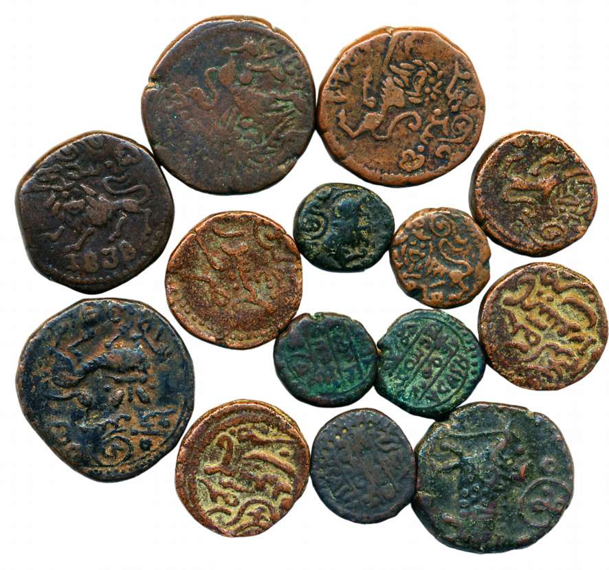 Krishna raja Wodeyar, Copper (13), 20 Cash (5), 10 Cash (4) & 5 Cash (4), Obv: Lion facing