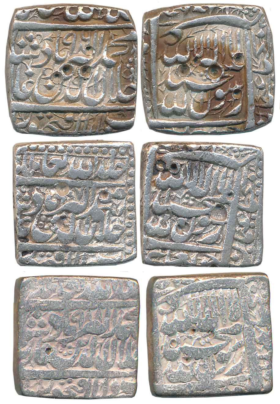 Akbar, Silver Square Rupees (3), “Kalima” type, Dar ul Sultanate Fathpur Mint, AH 986, AH 