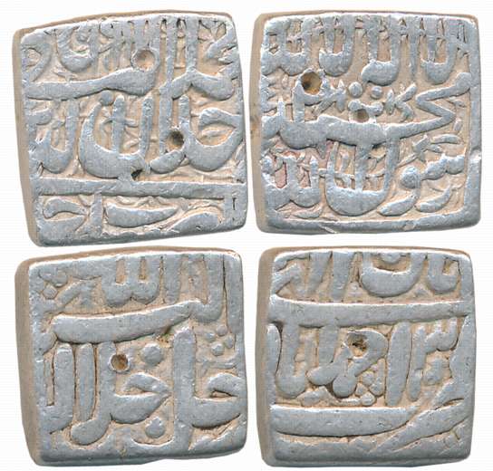 Akbar, Silver Square Rupees (2), 11.23g, 11.27g, Ahmedabad Mint, Ilahi Month Aban, Year 3X