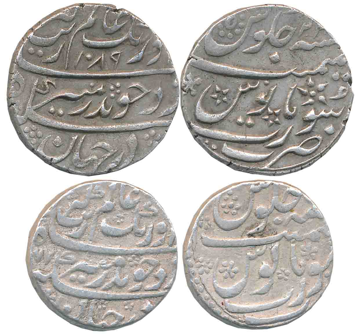 Aurangzeb, Silver Rupees (2), 11.36g, 11.49g, Surat Mint, AH (10)77, AH 1089/ RY 22 (KM# 3