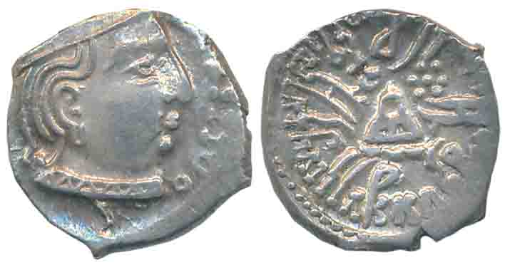 Western Kshatrapa, Rudrasena III as Mahakshatrapa, Silver Drachma, 2.13g, Obv: Bust of Kin