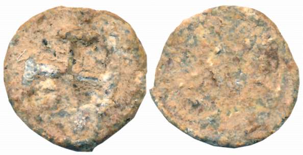 Diu, Lead 5 Bazarucos, 3.14g, Obv: Cross, Rev: Crown (KM# 35). Fine, scarce.