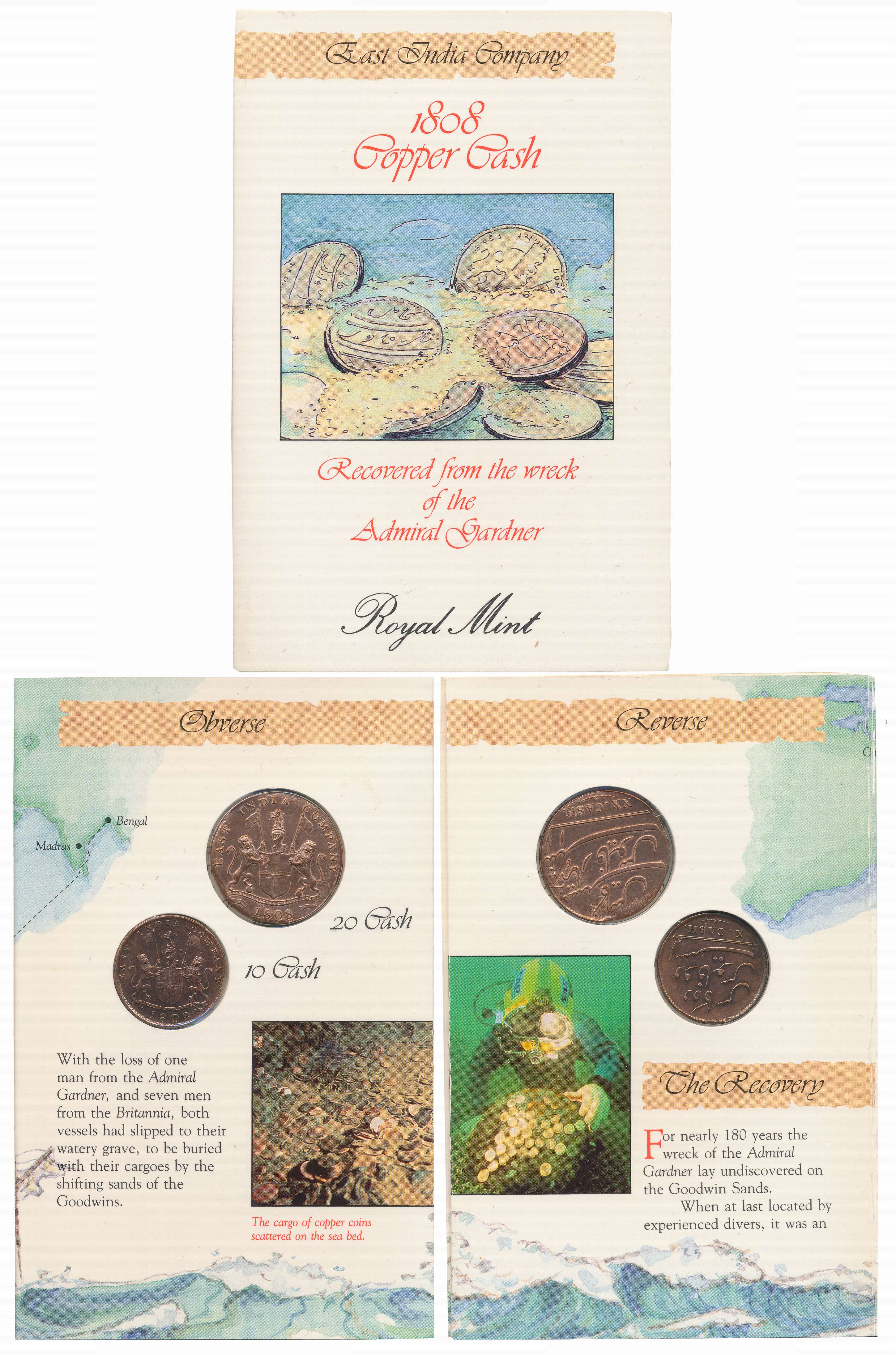 Copper (2), 20 Cash & 10 Cash, Royal Mint, Obv: Coat of arms of the EIC and date 1808, Rev