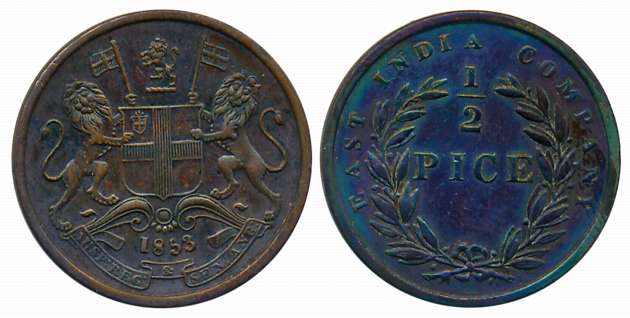 Copper 1/2 Pice, Calcutta Mint, 1853, Obv: Arms with supporters, Rev: Denomination divides