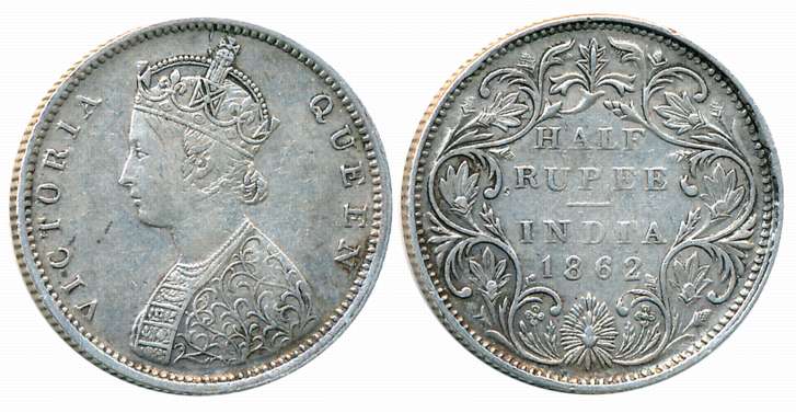 Victoria Queen, Silver 1/2 Rupee, 1862. Fine+.