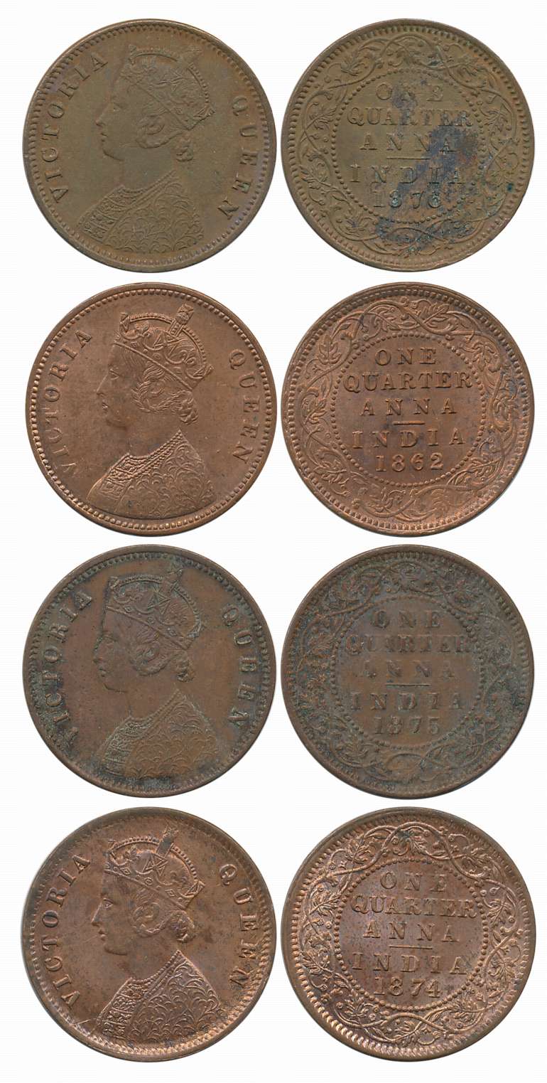 Victoria Queen, Copper 1/4 Anna (4), 1862, 1874, 1875, 1876. About extremely fine to uncir