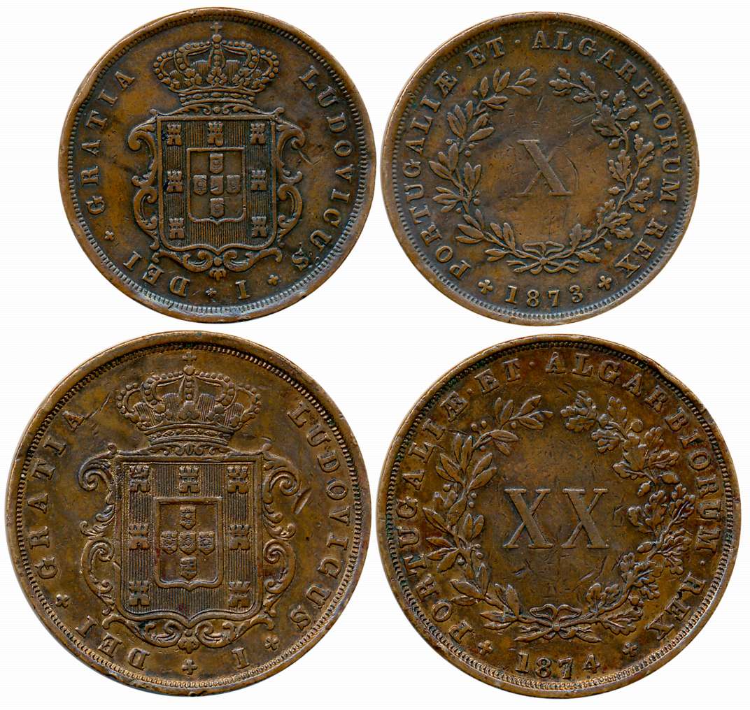 Portugal, Luiz I, Copper (2), 20 Reis, 10 Reis, Obv: The arms of the King of Portugal with