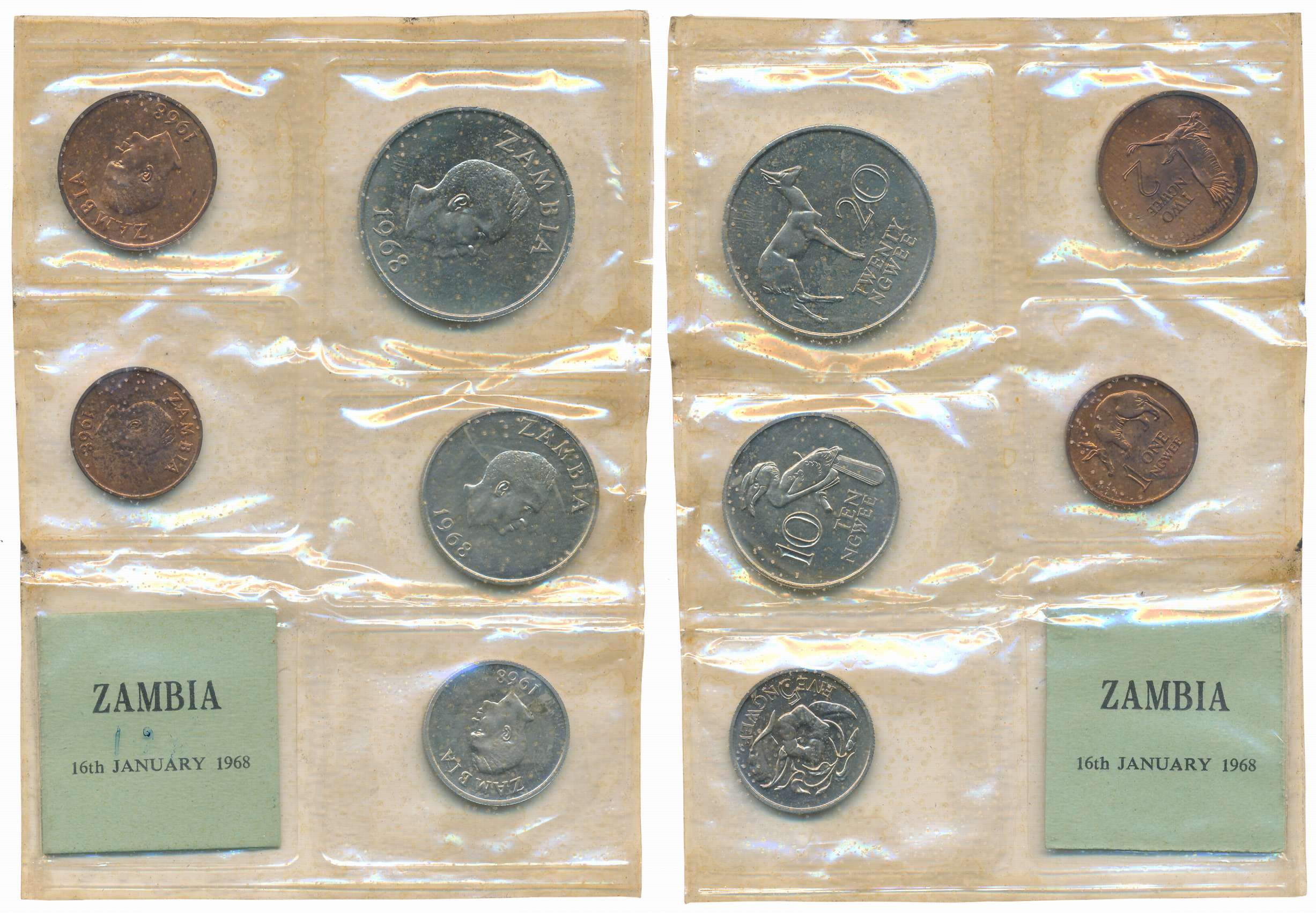 Zambia, 1968, Proof Set of 5 coins, 20, 10, 5, 2,1 Ngwee, Royal Mint. Without Box.