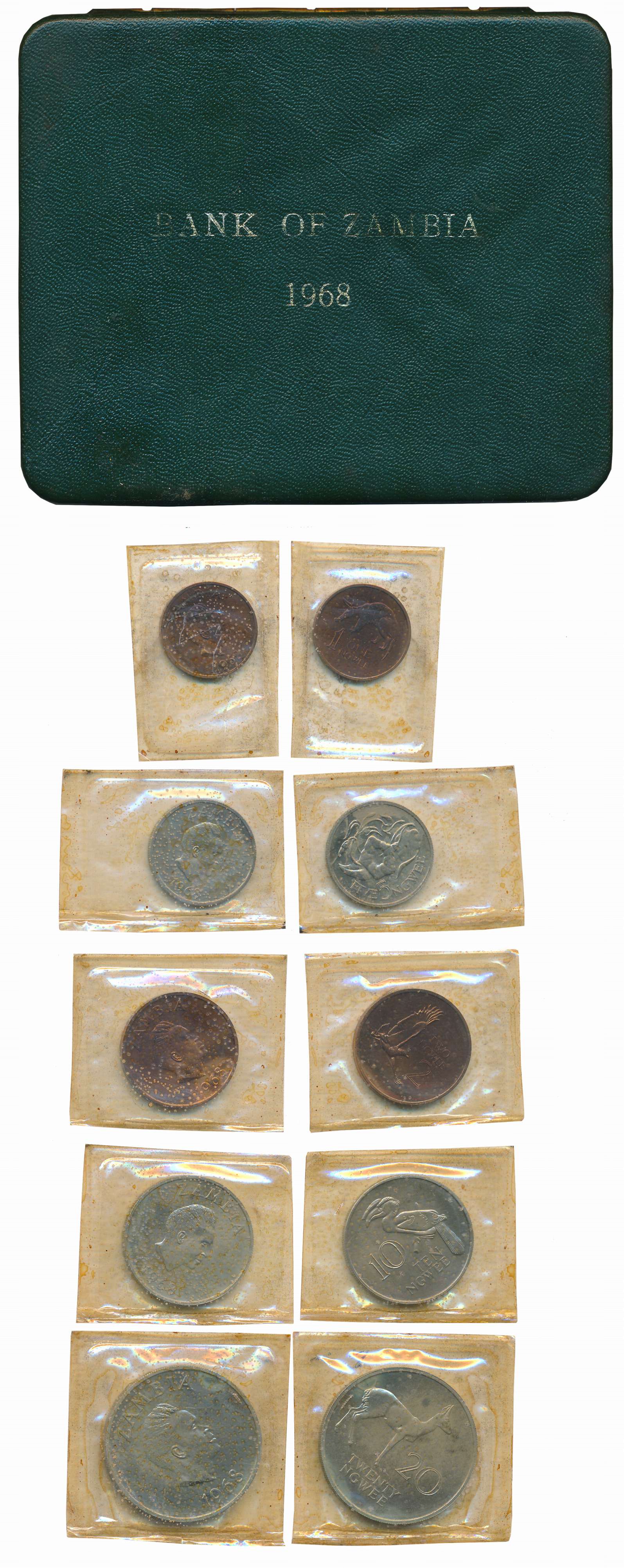 Zambia, 1968, Proof Set of 5 coins, 20, 10, 5, 2,1 Ngwee, Royal Mint. In original Box.