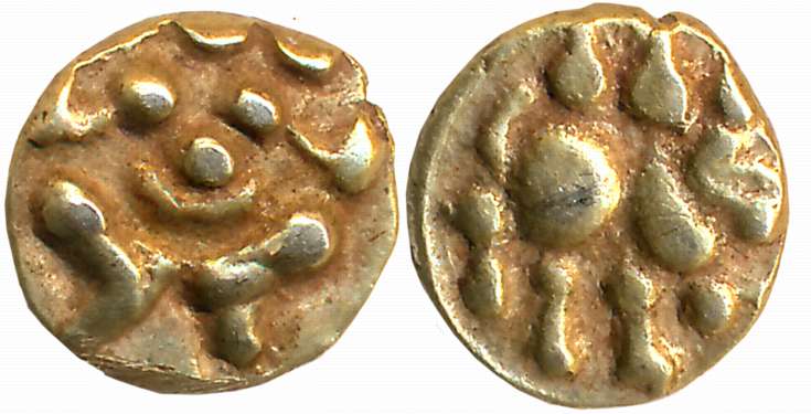 Chalukyas of Kalyani, Anonymous, Gold Fanam, 0.38g, Obv: Lion with raised forepaw, facing 