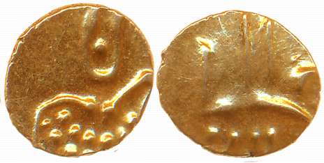 Hoysalas of Dwarasamudra, Anonymous Gold Fanam, 0.38g, Obv: Lion to right crescent above, 