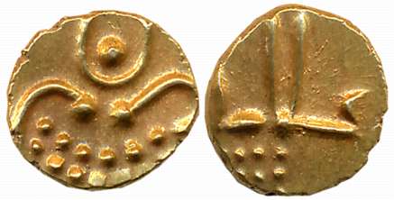 Hoysalas of Dwarasamudra, Anonymous Gold Fanam, 0.39g, Obv: Lion to right crescent above, 
