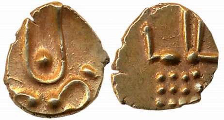 Hoysalas of Dwarasamudra, Anonymous Gold Fanam, 0.37g, Obv: Lion to right crescent above, 