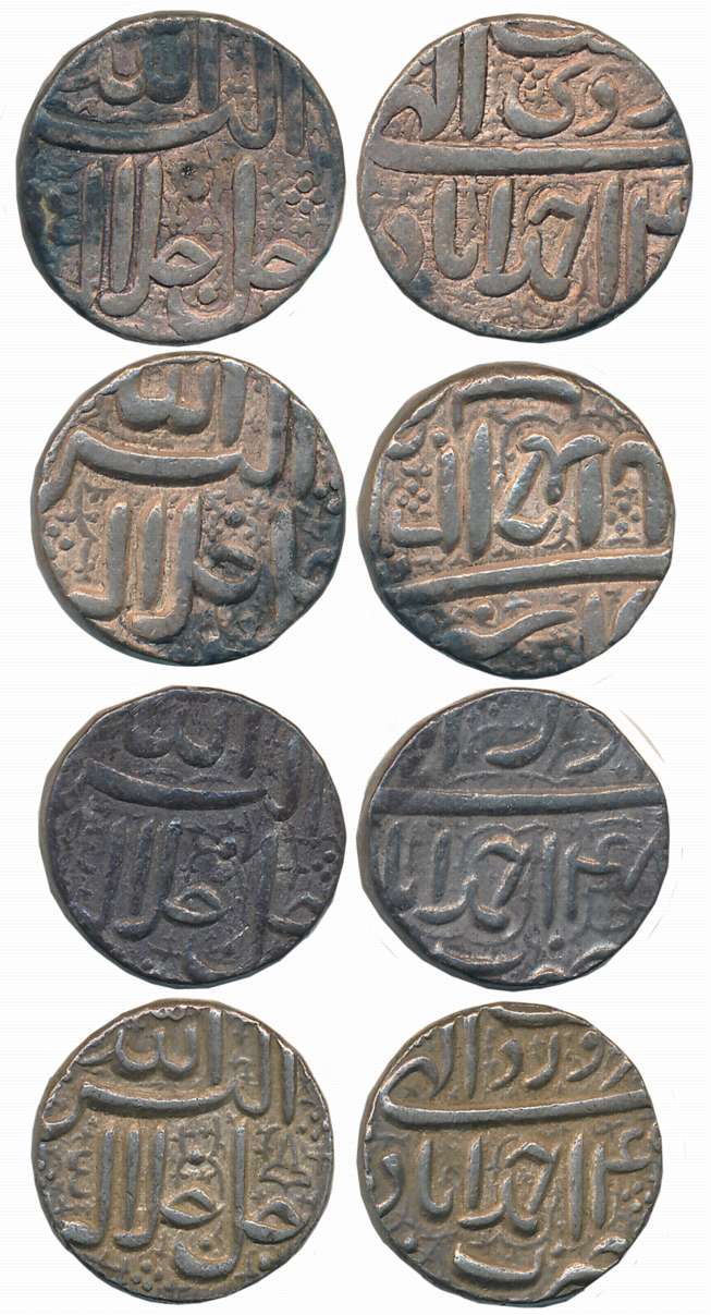 Akbar Silver Rupees (4), “Jalalahu” type, Ahmedabad Mint, Ilahi Month Farwardin, Year 4X, 
