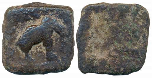Sangam age cheras, Copper, 4.17g, Obv: Elephant facing right, Rev: Bow & Arrow (faintly vi