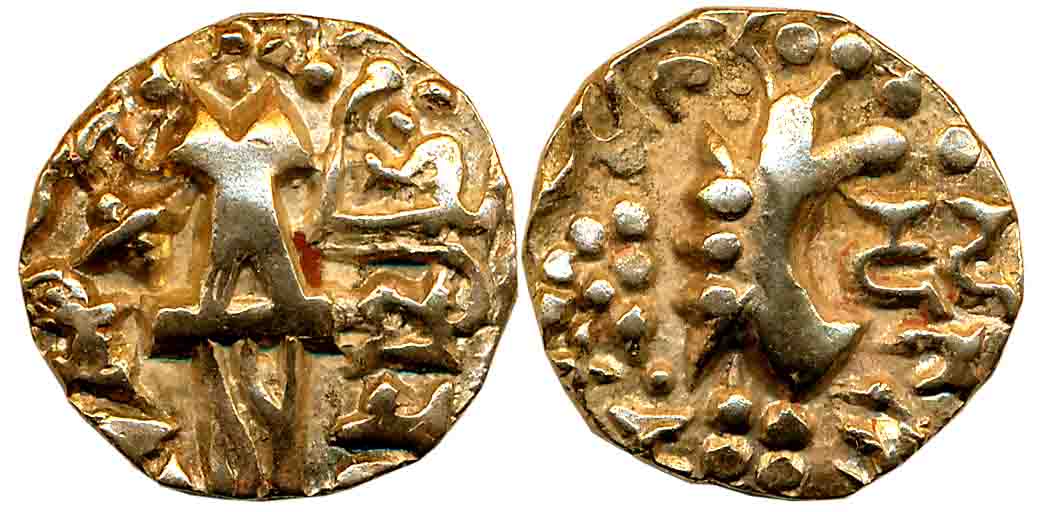 Karkotakas of Kashmir, Vinayaditya, Base Gold Dinar, 7.93g, Obv: Crude representation of K