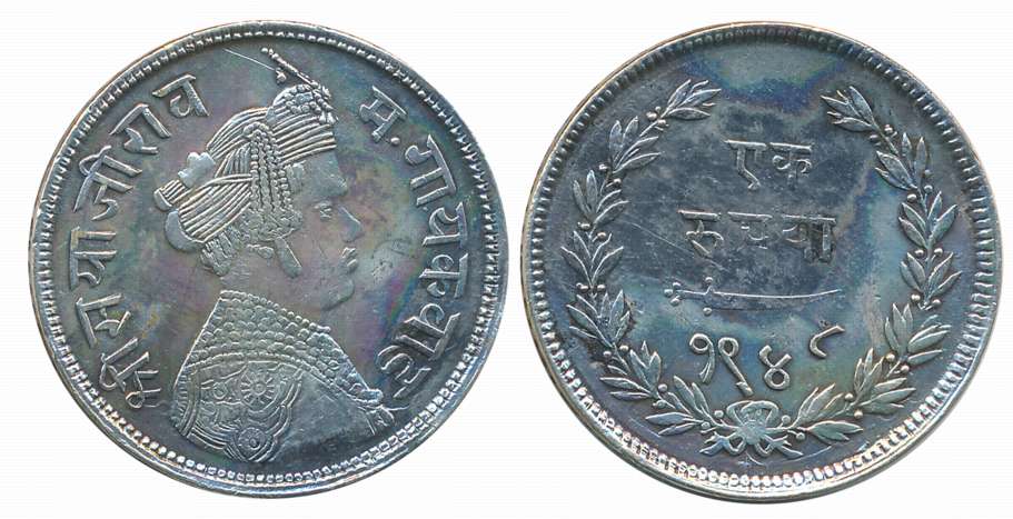 Sayaji Rao III, Silver Rupee, 11.06g, VS 1948, Obv: Crowned bust to right, Rev: Scimitar, 