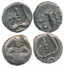 Silver Puttuns (2), 0.52g, Obv: Lord Shiva seated, Rev: Conch Shell (KM# 5) & 0.35g, Obv: 