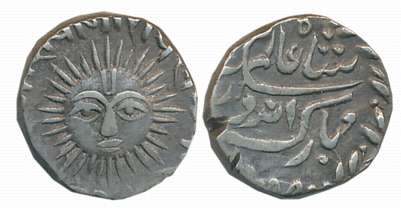 Tukoji Rao III, Silver 1/4 Rupee, 2.73g, in the name of Shah Alam II, Sun face (KM# 42). V