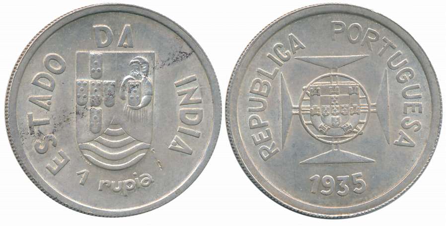 Silver Rupia, 1935, Obv: Shileld on lined circle at centre of Maltese cross, Rev: Divided 