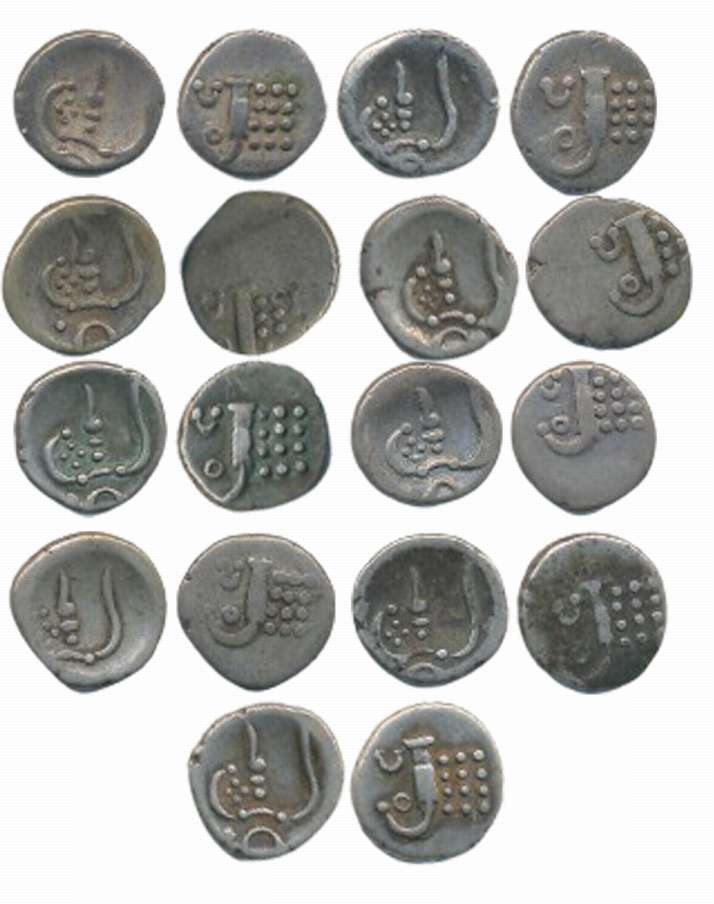 Silver Fanams (9), Obv: Degenerated figure of Goddess Kali, Rev: “OC” above lazy J (KM# 30