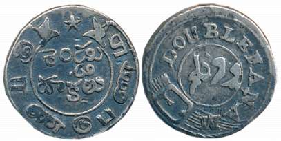 Silver 2 Fanam, Second issue, Obv: Value in English & Persian on Buckled Garter, Rev: Ribb