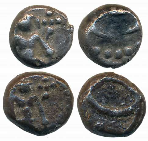 Silver Fanams (2), 0.82g, 0.90g, Obv: Partial figure of Lord Vishnu Standing, Rev: Two Int