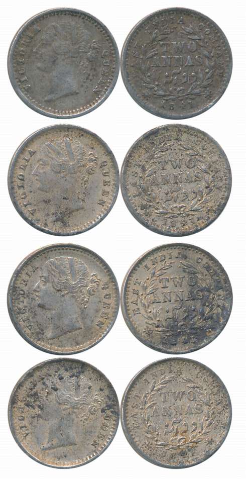 Victoria Queen, Silver 2 Annas (4), 1841, Divided legend. Very fin to very fine+. 4 coins.