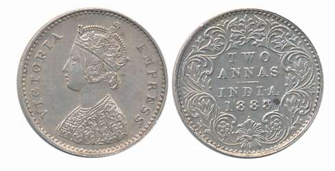 Victoria Empress, Silver 2 Anna, 1883. About uncirculated.