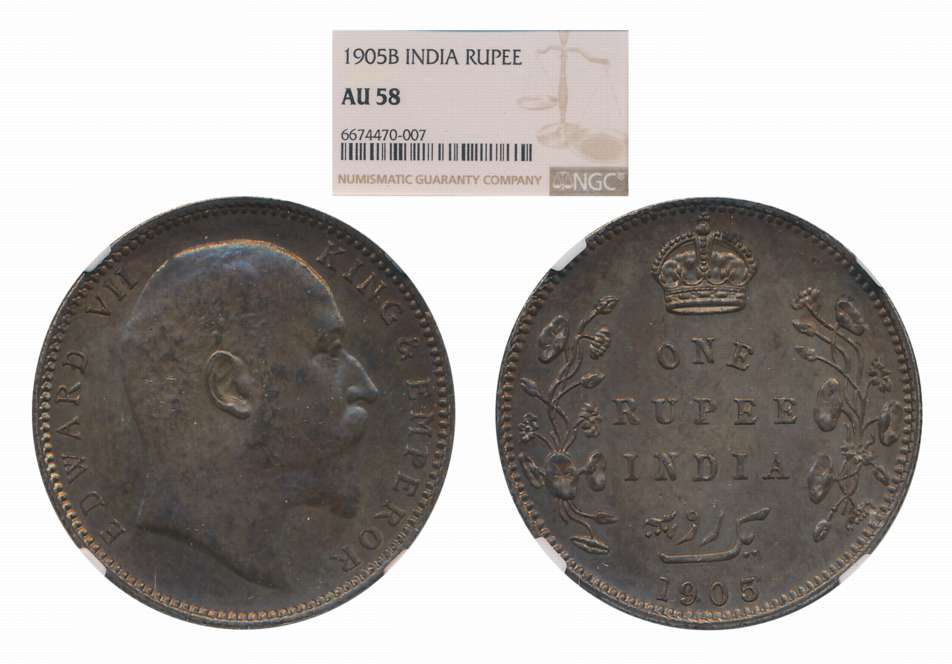 Edward VII, Silver Rupee, 1905, Bombay Mint. Slab & Graded by NGC as AU 58.
