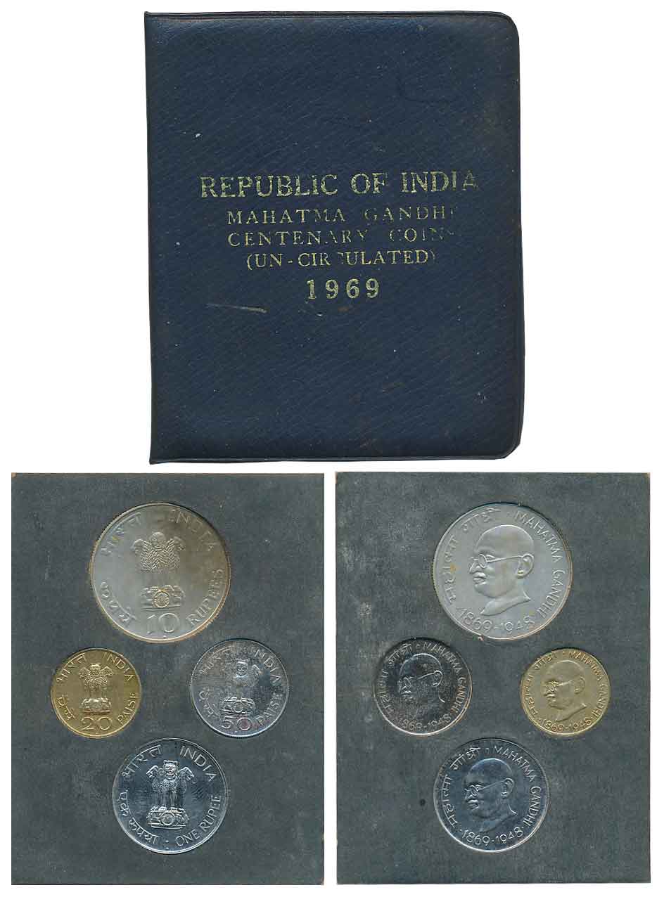 1969, Uncirculated Set of 4, Rupees 10, 1 & Paisa 50, 20, "Mahatma Gandhi Centenary", Bomb