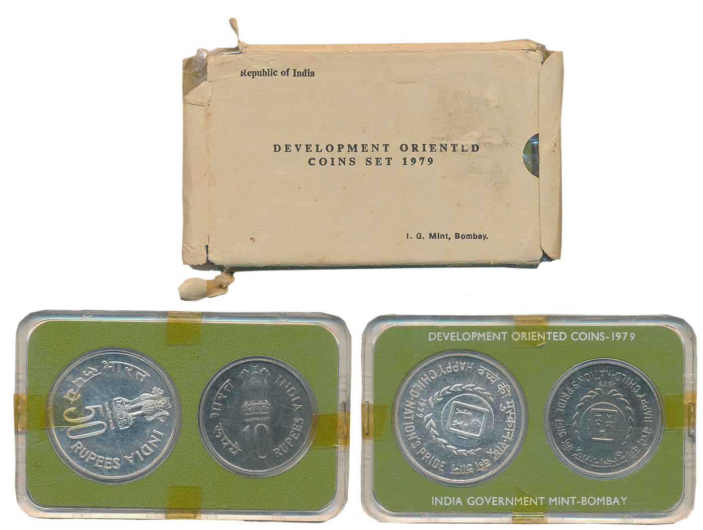 1979, Development Oriented Coins, Uncirculated Silver set of 2, Rupees 50 & 10, “Happy Chi