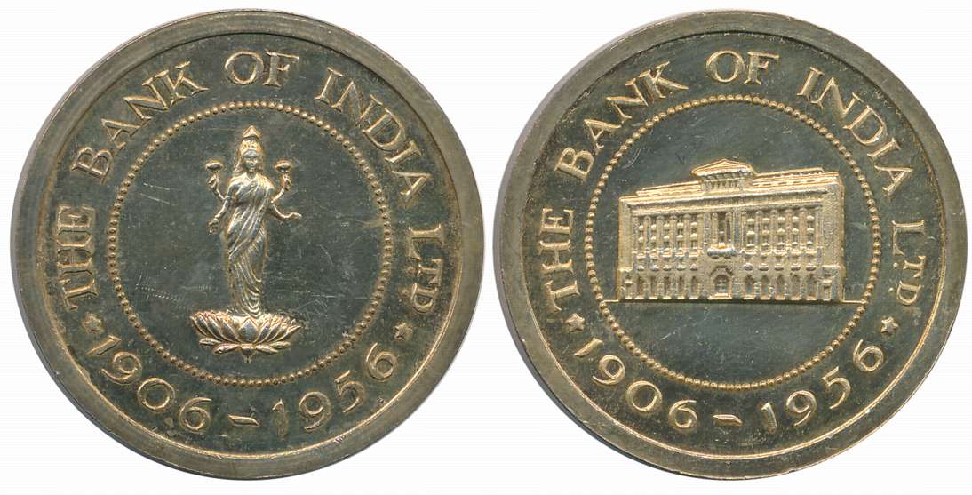 Bank of India, Silver- Gold Guilt, 26.60g, “Golden Jubilee years 1906-1956” Obv: Goddess L