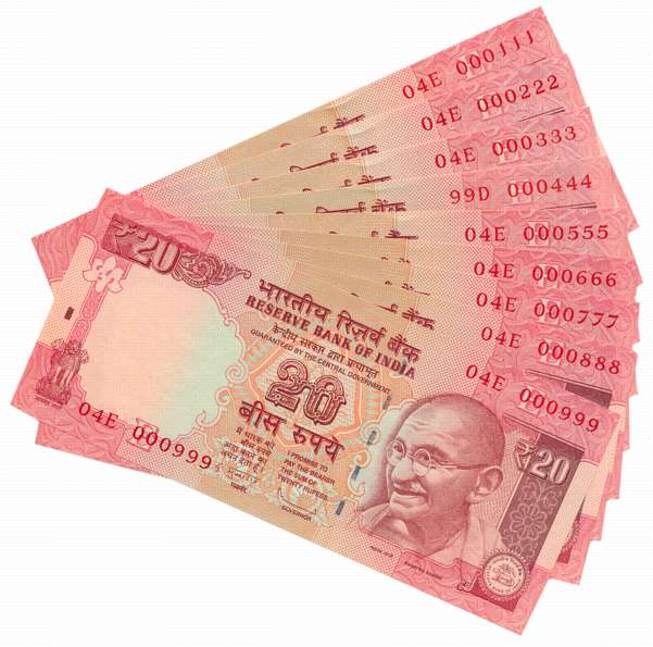 Rupees 20 (9), “E-43”, Fancy Number- 000111 to 000999, Prefix 04/E, 99/D, 2013, Signed D. 