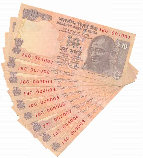 Rupees 10 (9), “D110, D-115”, Fancy Number- 001001 to 009009, Prefix 18/G, 2014, 2015, Sig
