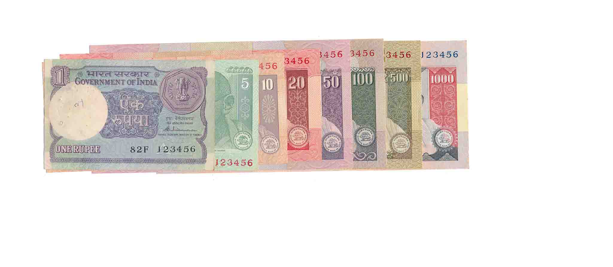 Rupees (8), 1000, 500, 100, 50, 20, 10, 5, 1, Fancy Number- 123456, 2009, Signed by D. Sub