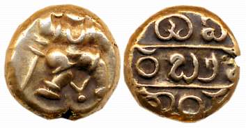 Vijaynagar Empire, Sri Vira Bukkaraya, Gold Varaha, 3.37g, Obv: Hanuman to right with knee