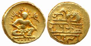 Vijaynagar Empire, Krishnadevaraya, Gold 1/2 Varaha- Hon, 1.67g, Obv: Seated Lord Balakris